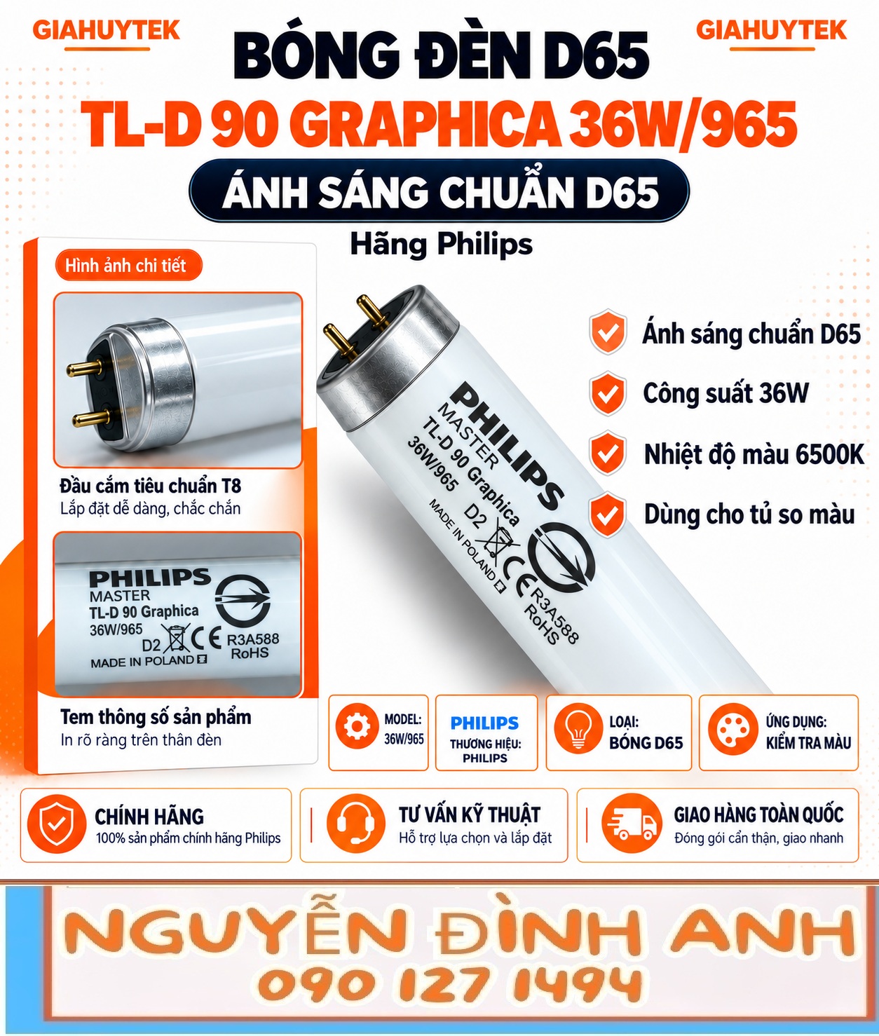 Bóng đèn D65 Philips TL-D 90 Graphica 36W965 (1) Bóng đèn Philips TL-D 90 Graphica 36W/965 cho kiểm tra màu