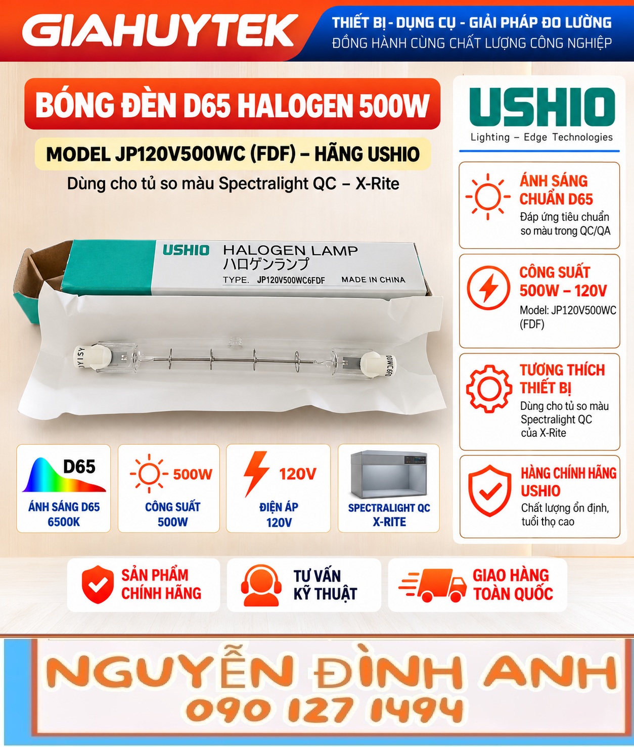 Bóng đèn D65 Ushio Halogen 500W 120V – FDF JP120V500WC cho tủ so màu Spectralight QC của Xrite (1) Bóng halogen Ushio FDF JP120V-500WC6 500W 120V cho hệ thống so màu